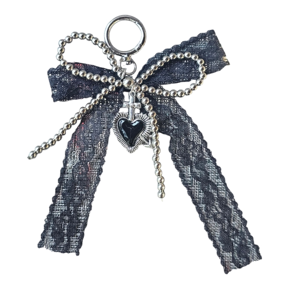 Black Lace Bow Keychain with Heart Charm